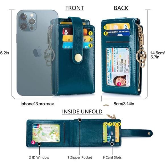 Slim Wallet for Women, 1-Oil Wax-Peacock blue - Picture 2 of 5